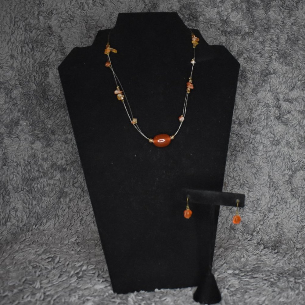 🔥 3/$15 Orange and Brown Stone Necklace and Earring Set